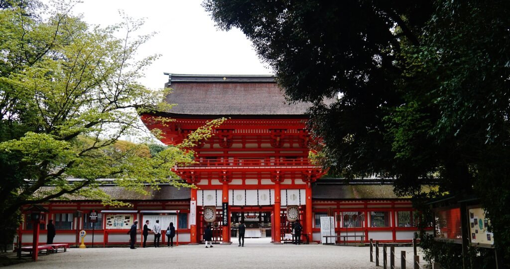 The vermillion Romon gate at Shimogamo Shrine, Kyoto