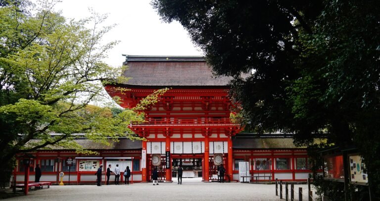 The vermillion Romon gate at Shimogamo Shrine, Kyoto