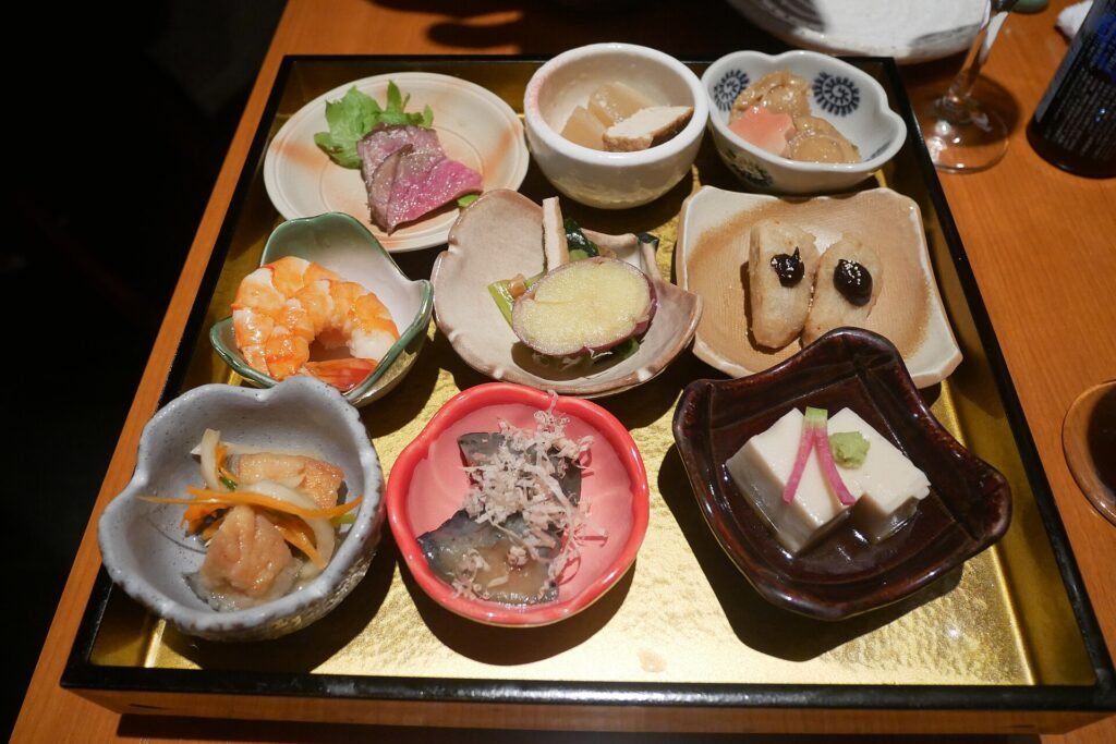 A home-style obanzai spread of small Kyoto vegetable dishes