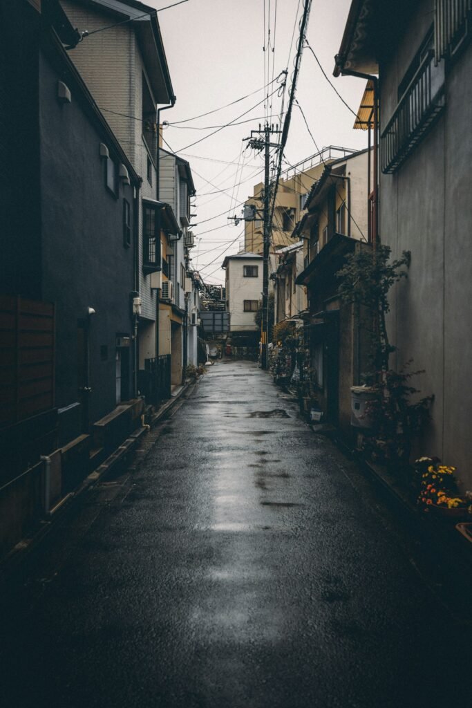 Narrow downtown street with shops in the Kawaramachi and Shijo area of Kyoto