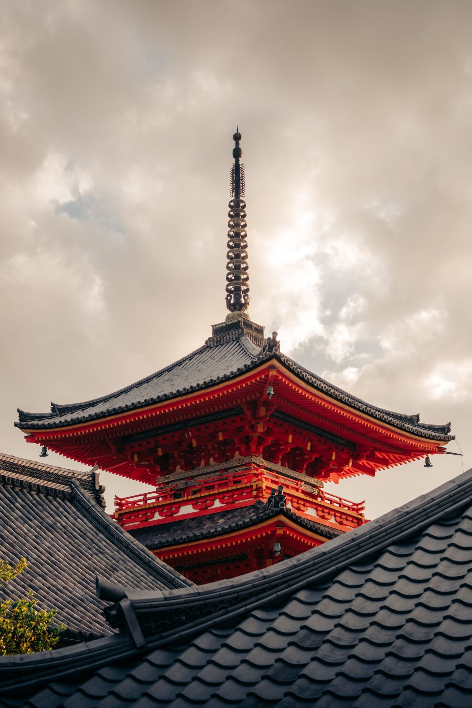 Pagoda at Kiyomizu-dera Temple, Kyoto, against a cloudy sky