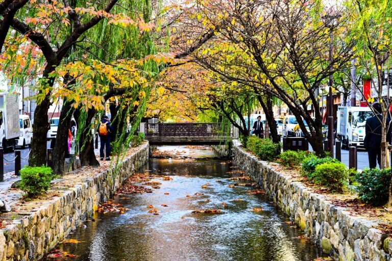 A footbridge over the Takase River among autumn maples near Tofuku-ji, Kyoto
