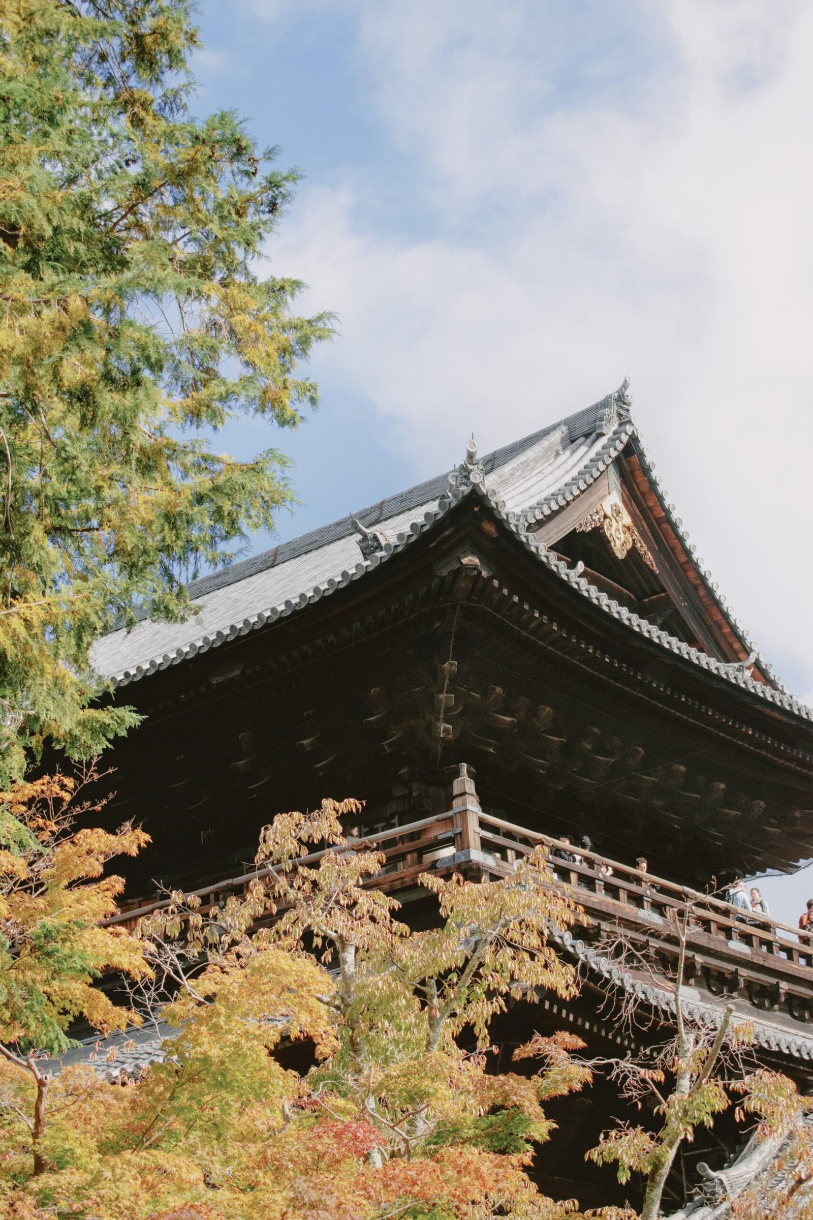 A traditional Japanese temple surrounded by autumn foliage in Kyoto