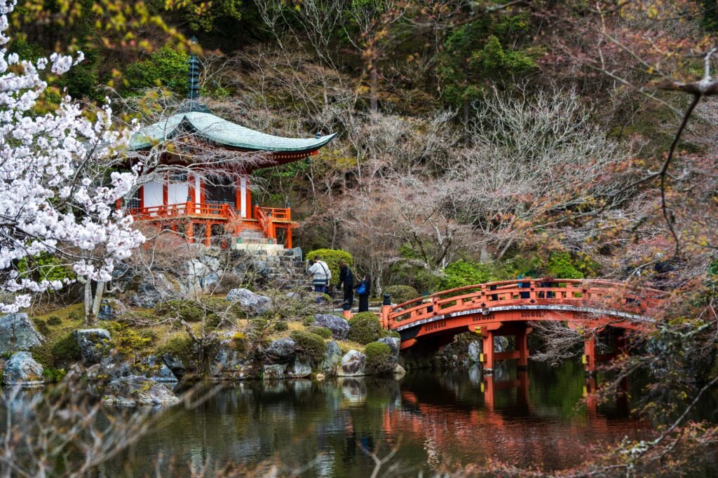Spring garden with cherry blossoms and a pagoda at Daigo-ji, Kyoto