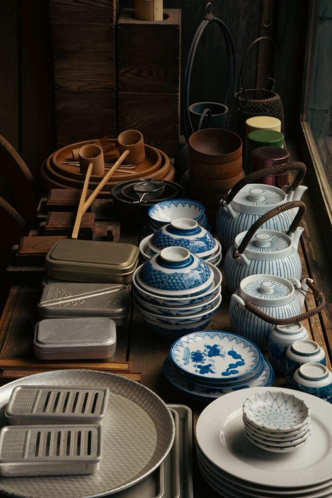 A selection of traditional hand-painted Kiyomizu-yaki pottery in Kyoto