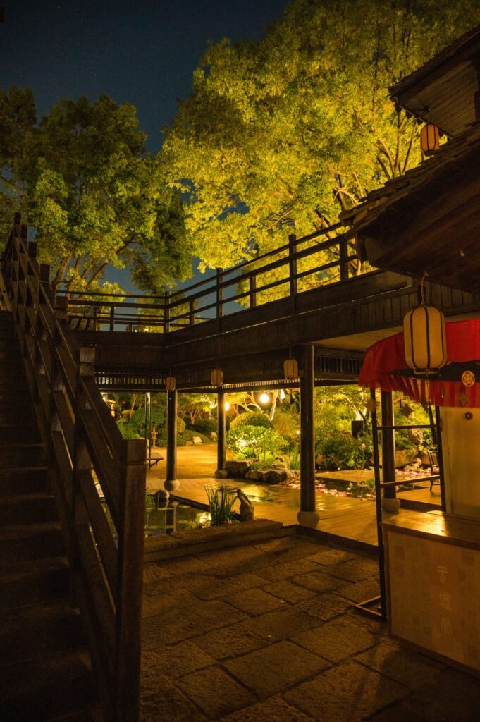 A Japanese garden illuminated at night during Kodai-ji autumn light-up season