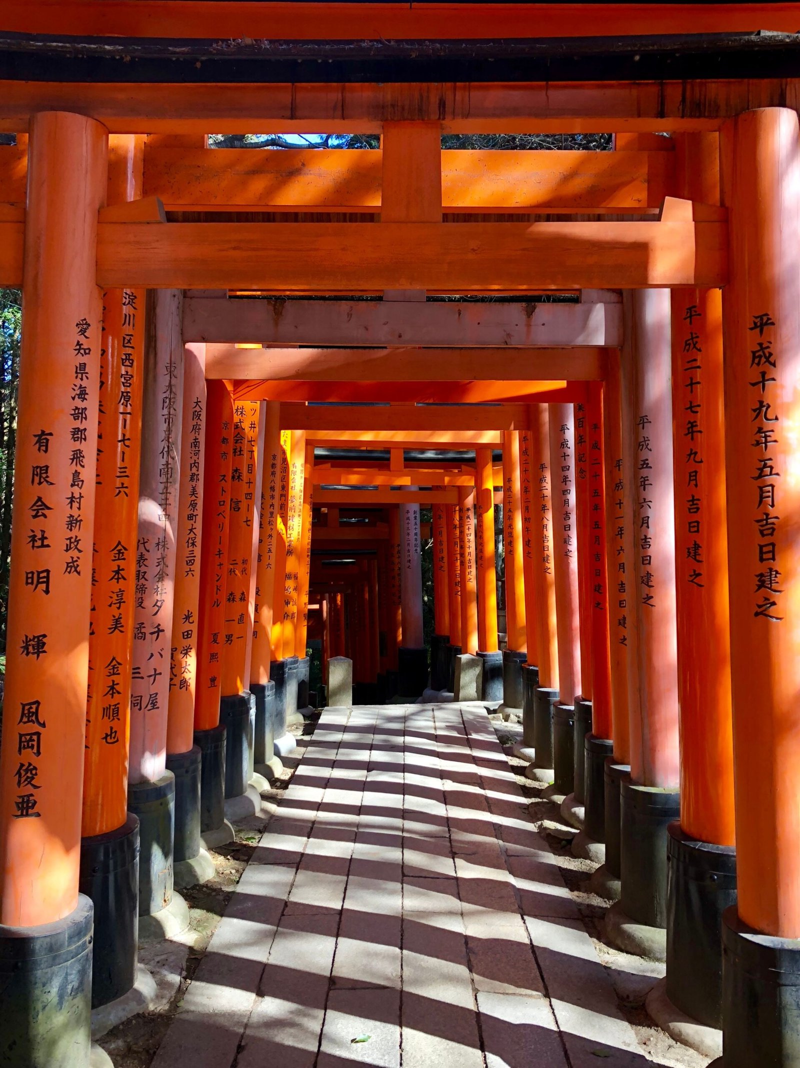 Vermillion torii gates forming a pathway at Fushimi Inari Shrine, Kyoto