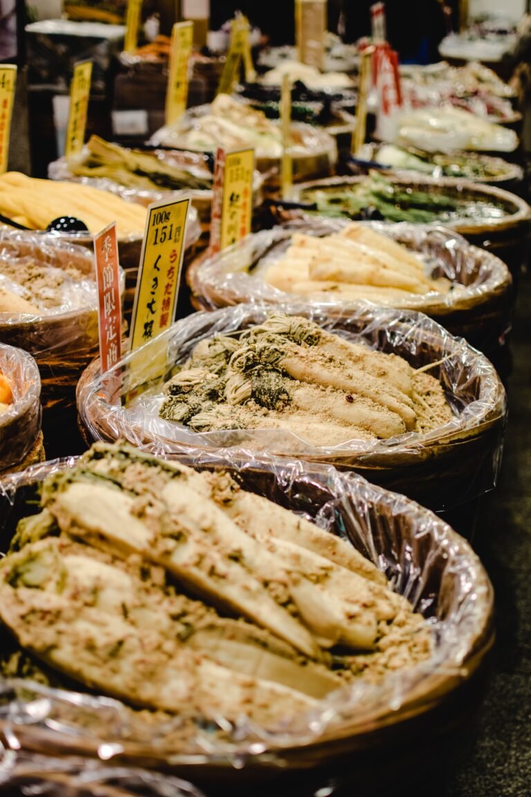 Pickled vegetables displayed at a food stall in Nishiki Market, Kyoto
