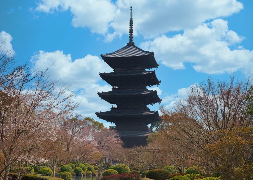 To-ji pagoda surrounded by cherry blossoms in Kyoto during spring