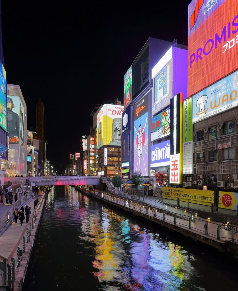 Dotonbori's canal and illuminated signs at night