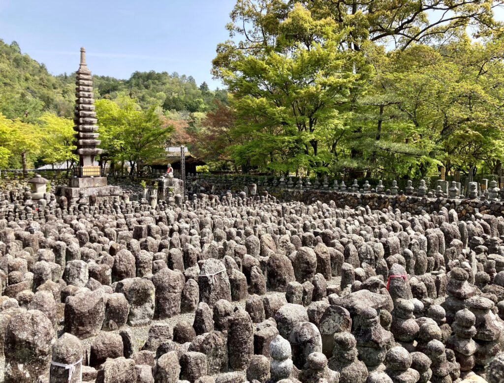 Rows of small stone Buddha statues covering the courtyard at Adashino Nenbutsu-ji, Sagano, Kyoto