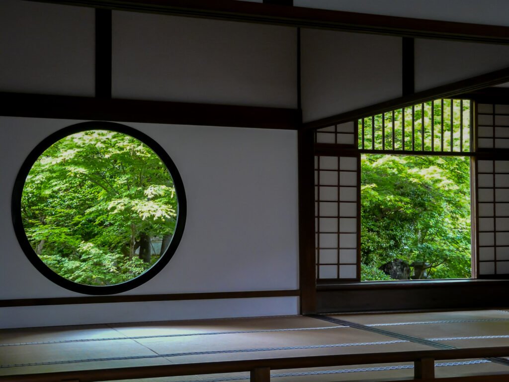 The round Window of Enlightenment and square Window of Delusion at Genko-an temple in Kyoto