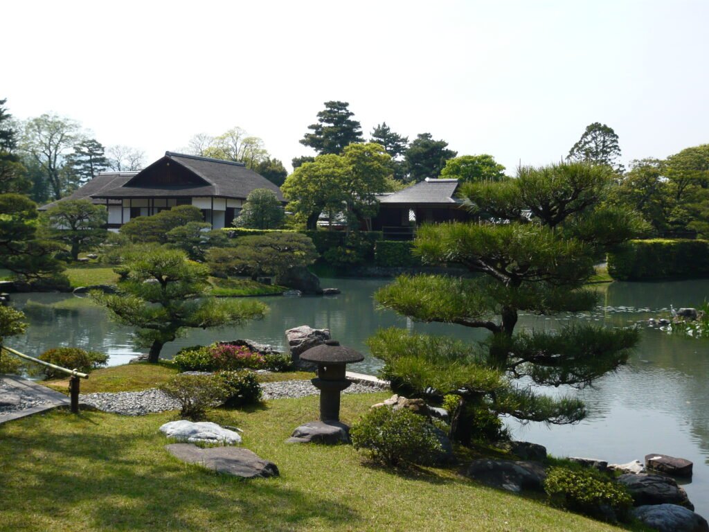 Katsura Imperial Villa garden in spring, with the pond and stroll path